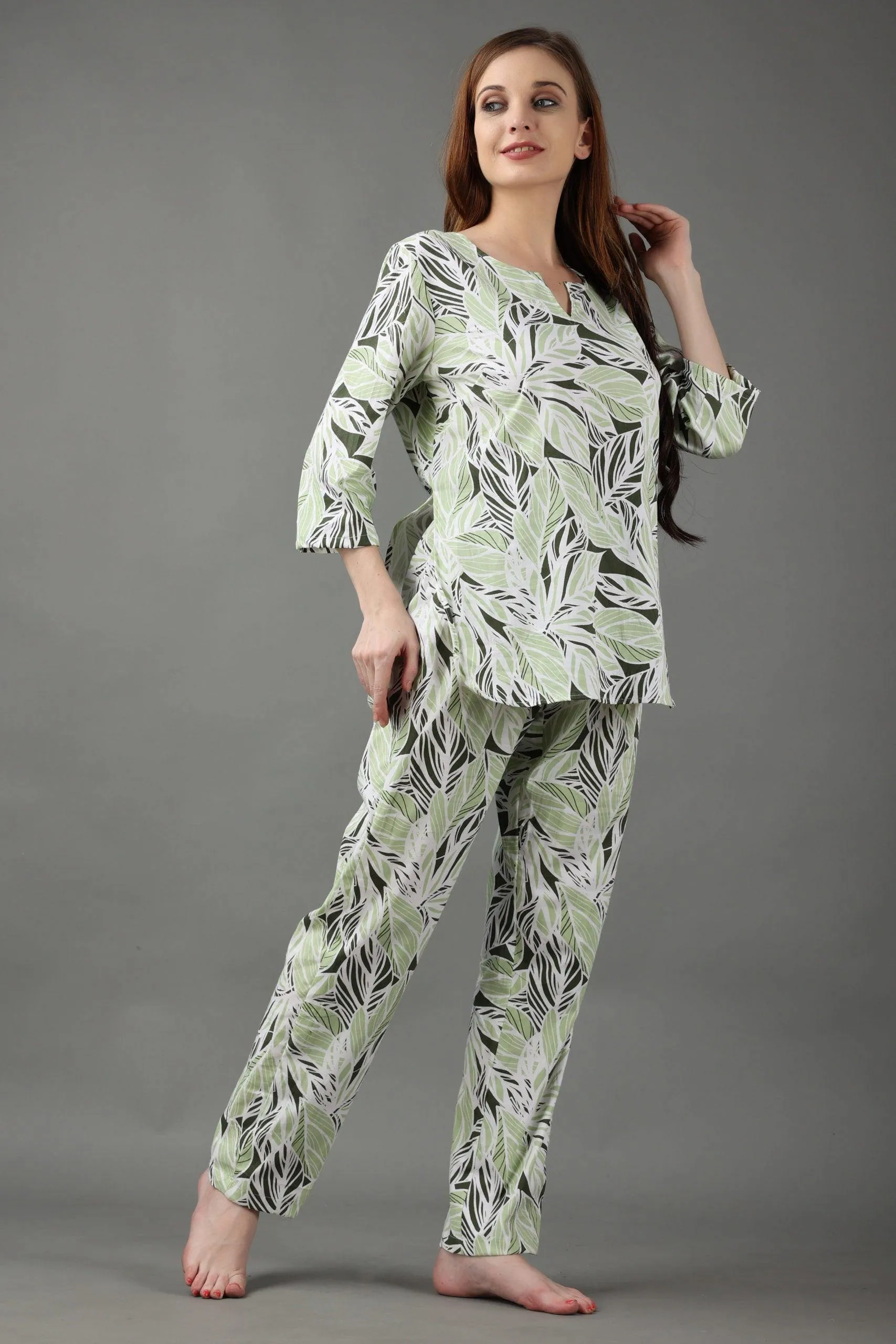 Green & Black Leaves Printed Night Suit Set