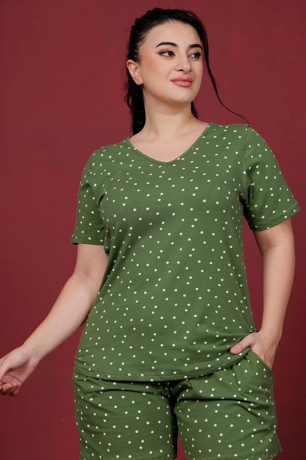 Green Polka Dots Printed Night Suit Set