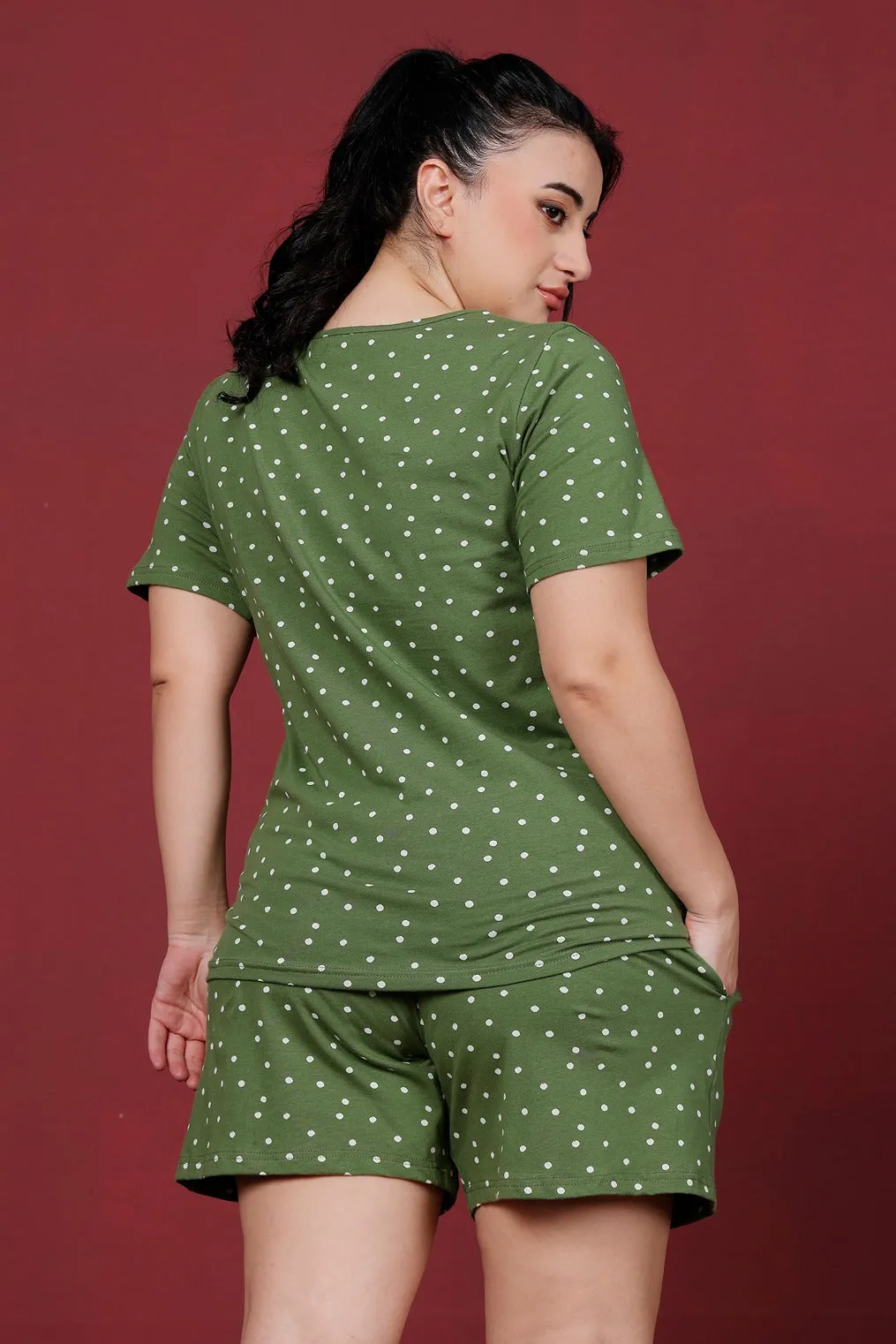 Green Polka Dots Printed Night Suit Set