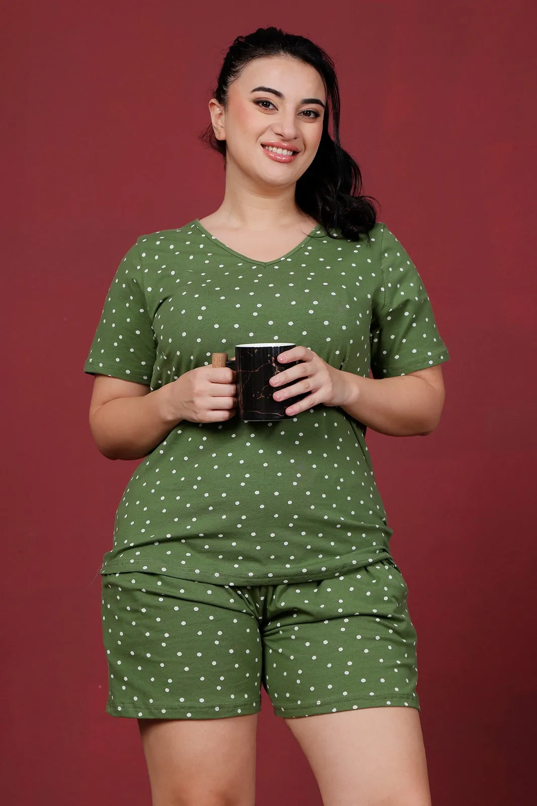 Green Polka Dots Printed Night Suit Set
