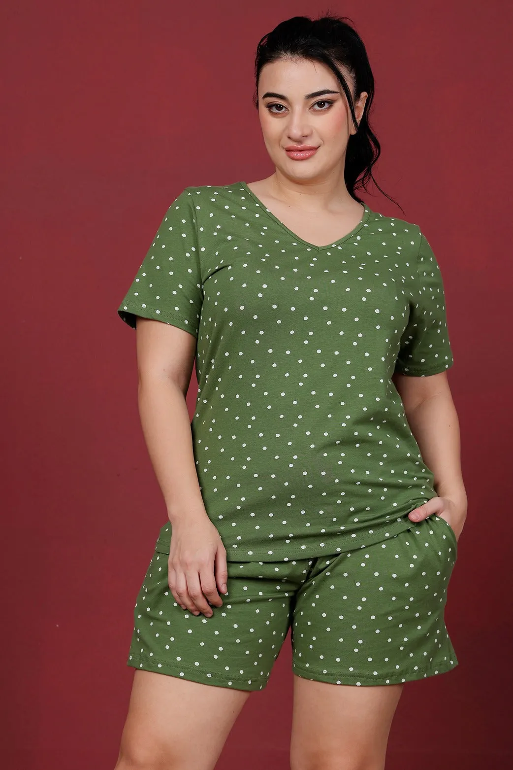 Green Polka Dots Printed Night Suit Set