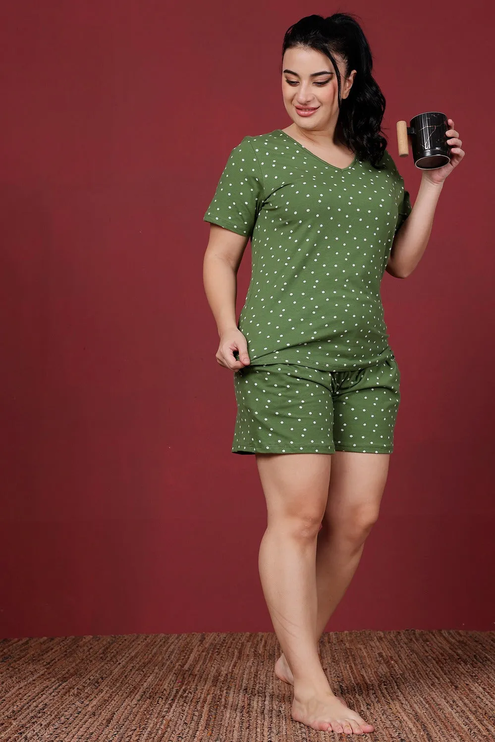 Green Polka Dots Printed Night Suit Set