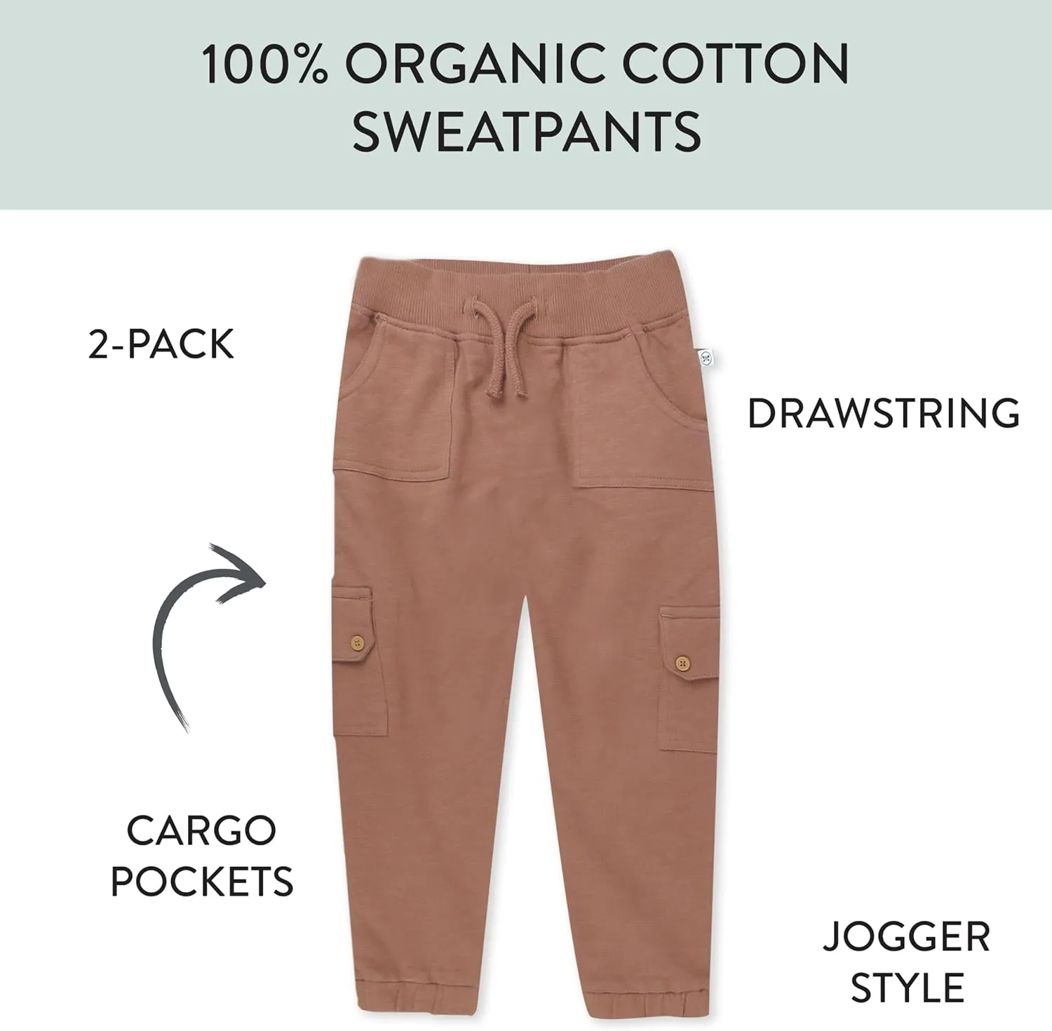 HonestBaby Kid's 2-Pack Easy Fit Cargo Sweat Pant 100% Organic Cotton Baby, Toddler, Boys, Girls, Unisex
