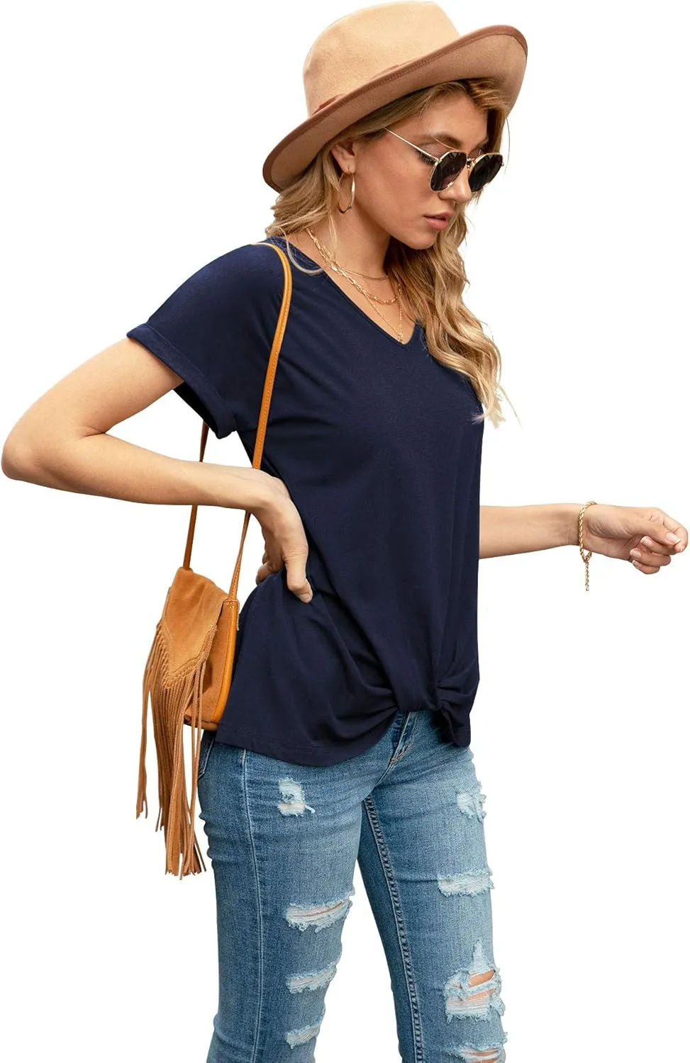 Iandroiy Women's Comfy Casual Summer Tops Short Sleeve V Neck Blouses T Shirts Twist Knot Tees