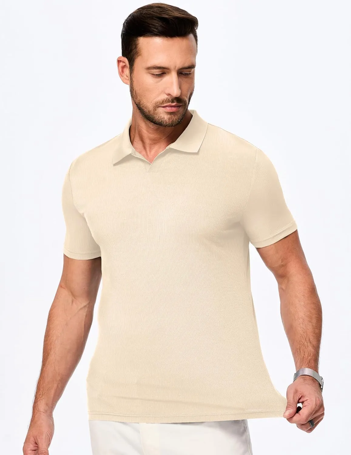 JMIERR Men's Muscle V Neck Polo Shirts Casual Short Sleeve Slim Fit Ribbed Golf T Shirt Athletic Tee