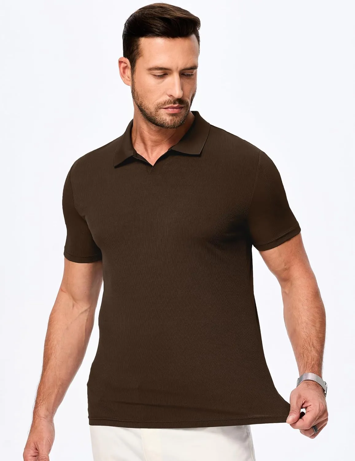 JMIERR Men's Muscle V Neck Polo Shirts Casual Short Sleeve Slim Fit Ribbed Golf T Shirt Athletic Tee