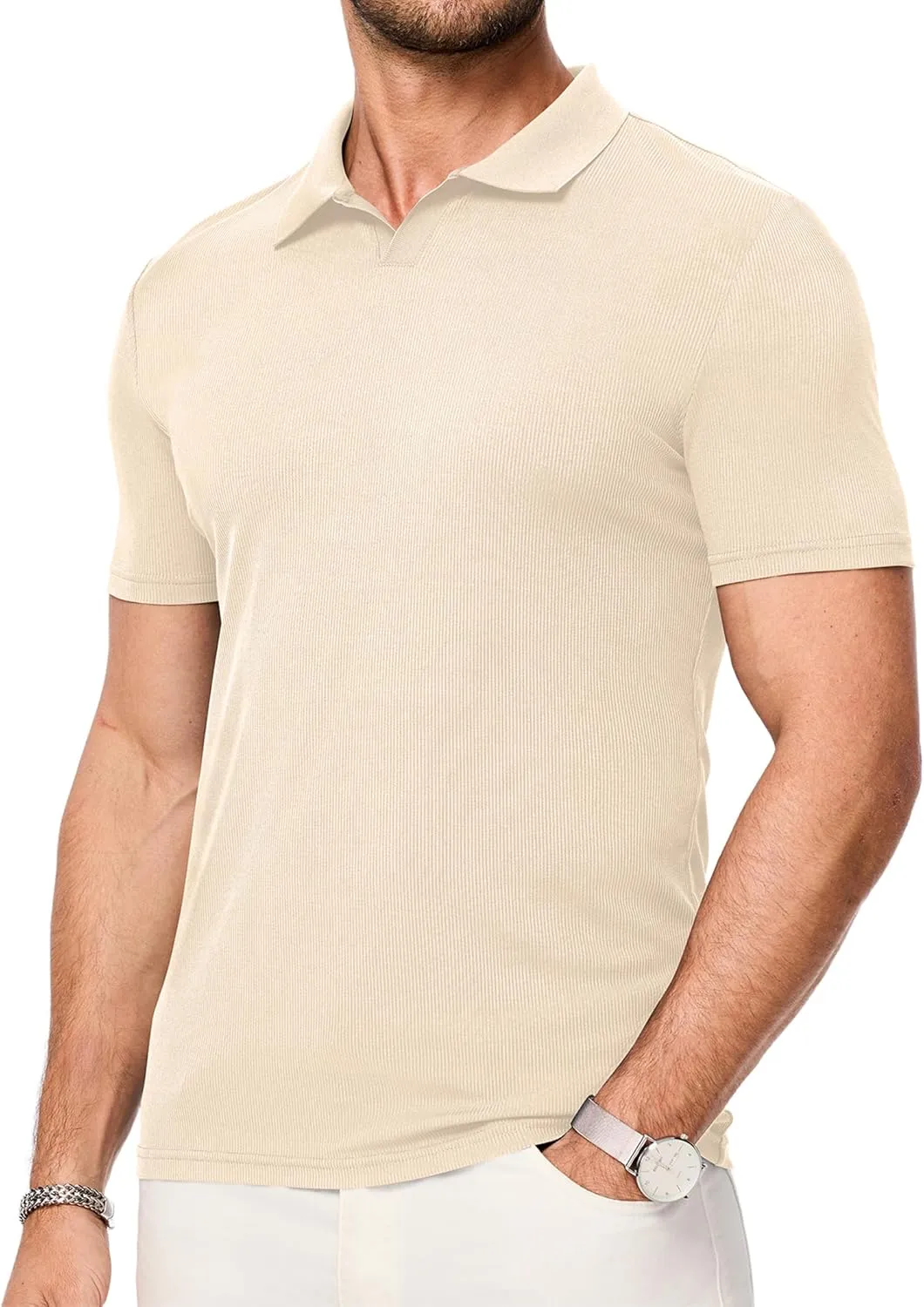JMIERR Men's Muscle V Neck Polo Shirts Casual Short Sleeve Slim Fit Ribbed Golf T Shirt Athletic Tee