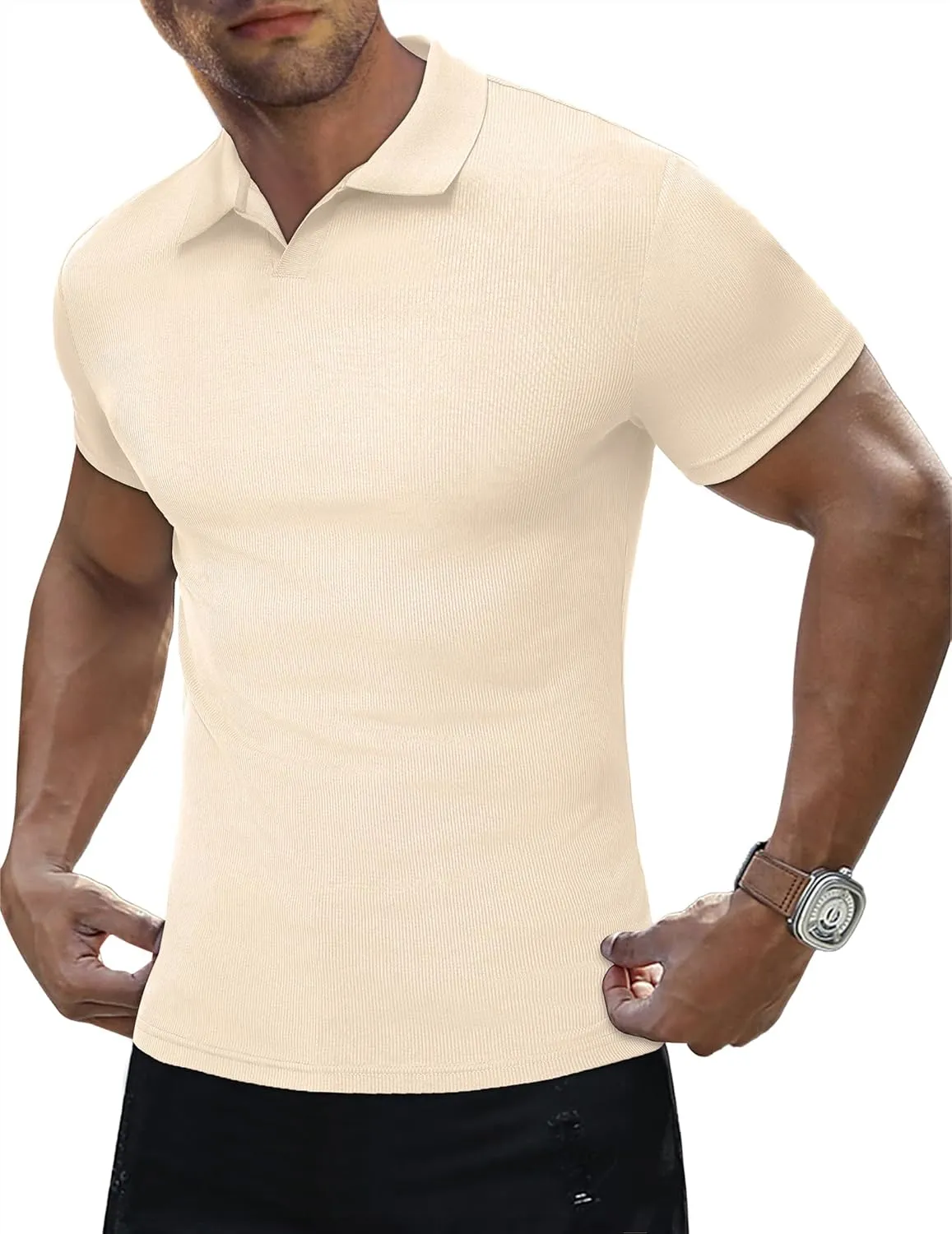 JMIERR Men's Muscle V Neck Polo Shirts Casual Short Sleeve Slim Fit Ribbed Golf T Shirt Athletic Tee