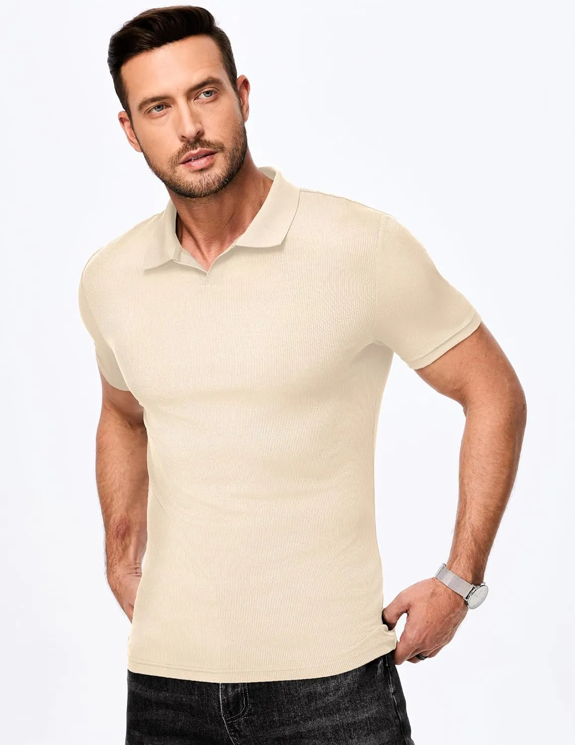 JMIERR Men's Muscle V Neck Polo Shirts Casual Short Sleeve Slim Fit Ribbed Golf T Shirt Athletic Tee