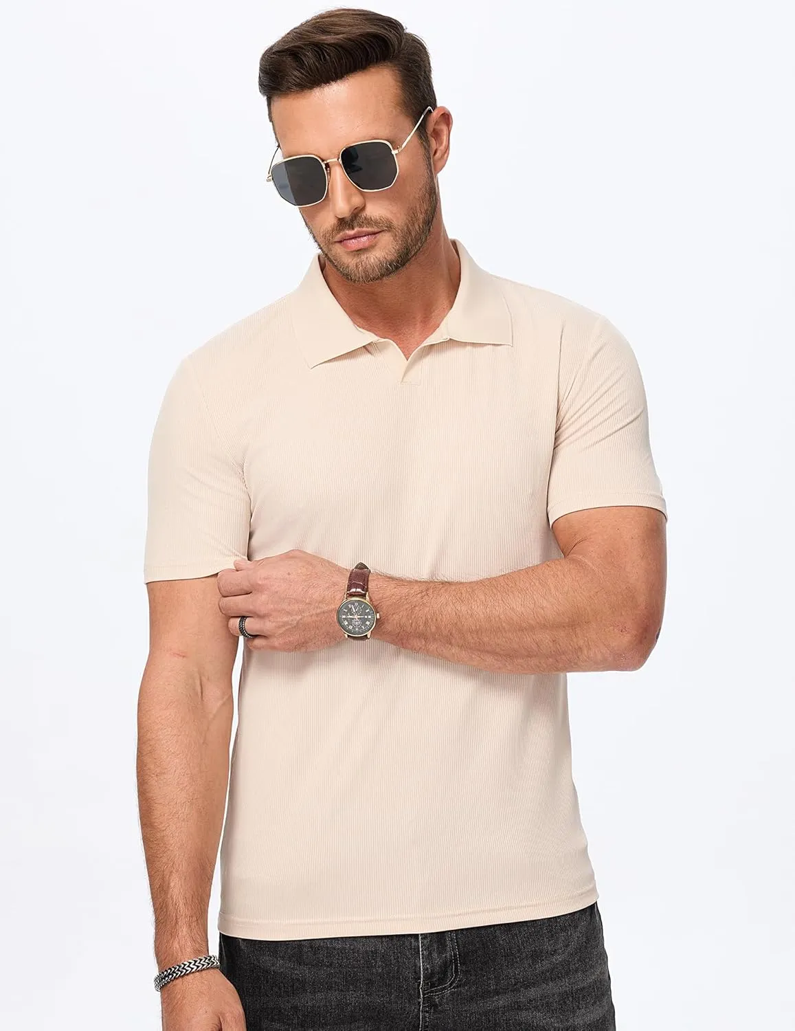 JMIERR Men's Muscle V Neck Polo Shirts Casual Short Sleeve Slim Fit Ribbed Golf T Shirt Athletic Tee