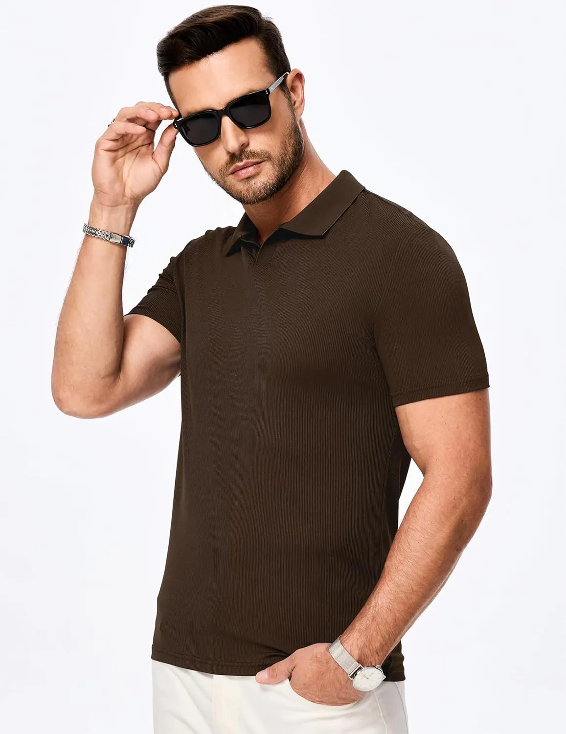 JMIERR Men's Muscle V Neck Polo Shirts Casual Short Sleeve Slim Fit Ribbed Golf T Shirt Athletic Tee