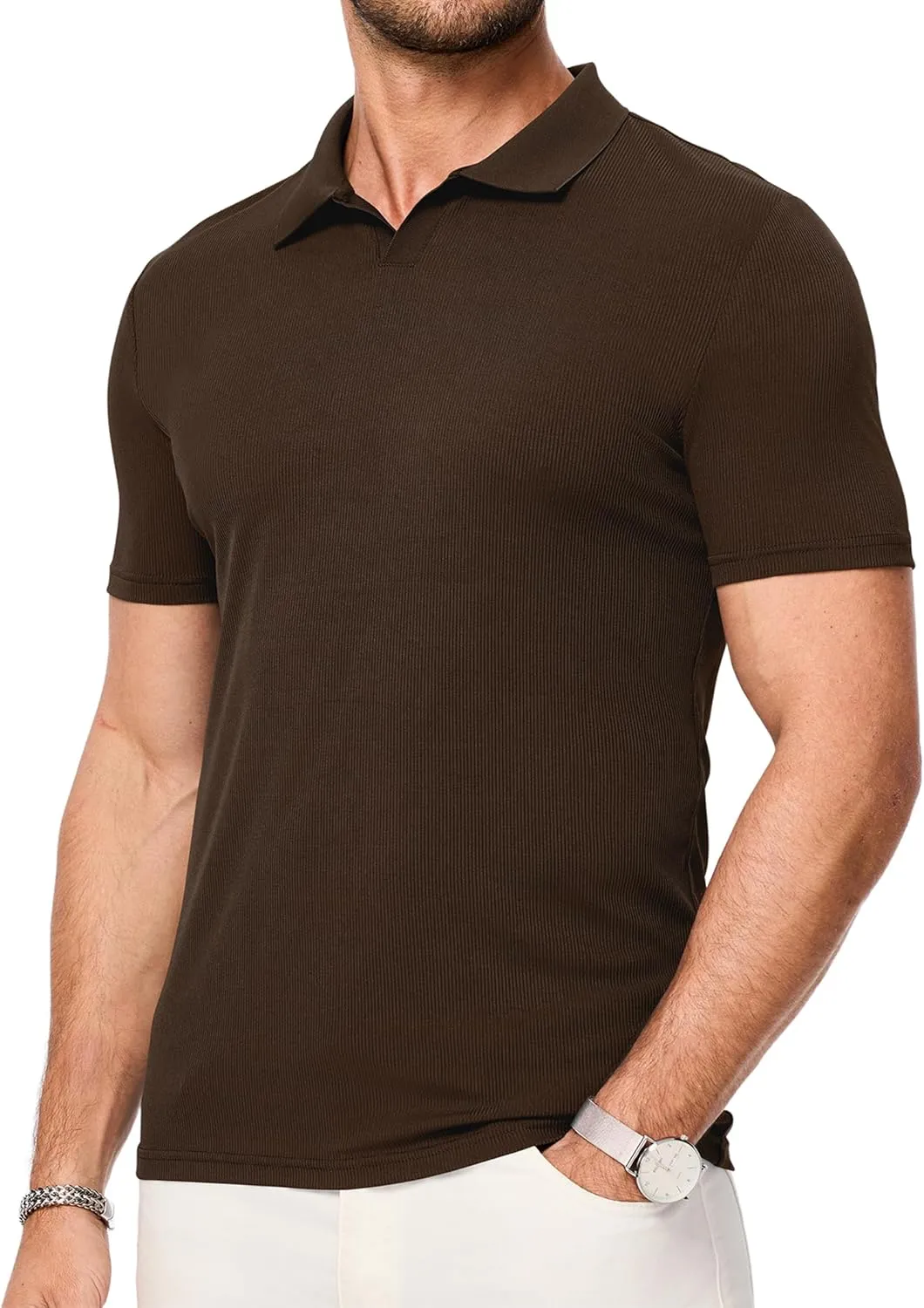 JMIERR Men's Muscle V Neck Polo Shirts Casual Short Sleeve Slim Fit Ribbed Golf T Shirt Athletic Tee
