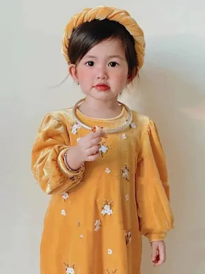 Kids Ao Dai Girl Yellow Velvet Ao Dai Set
