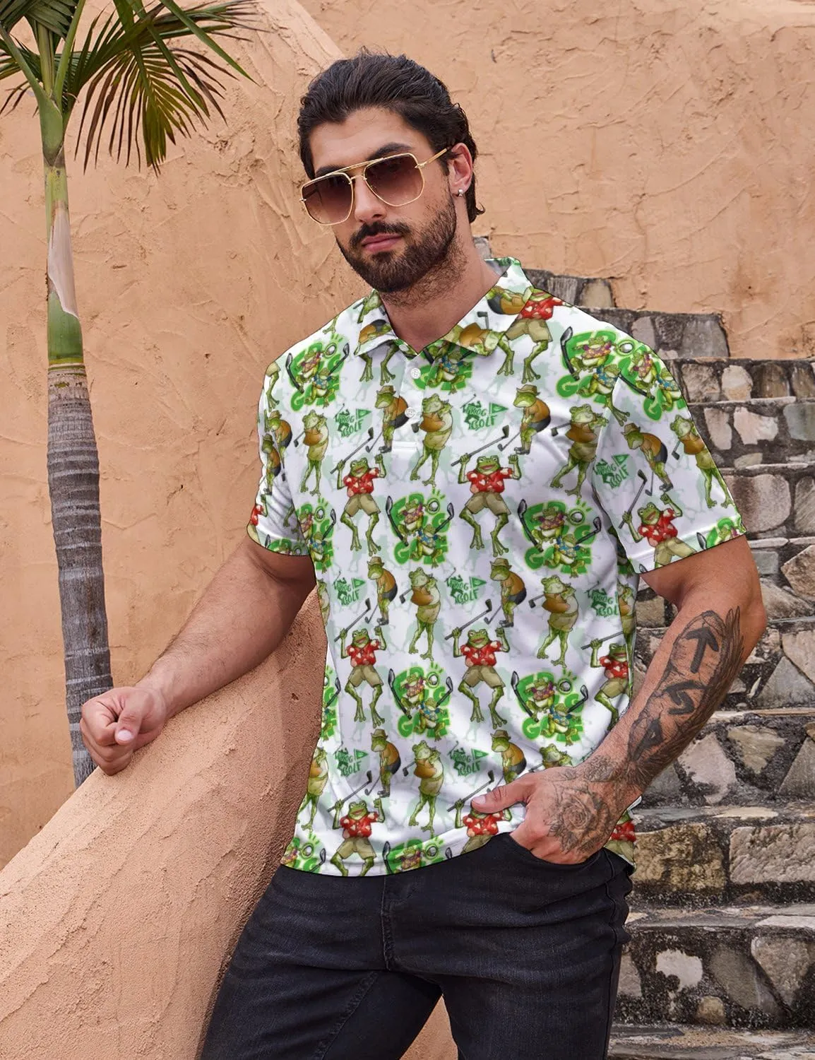 Mens Golf Polo Shirts - Hawaiian Print Golf Shirt for Men Quick-Dry Moisture Wicking Casual Breathable Polo Shirt