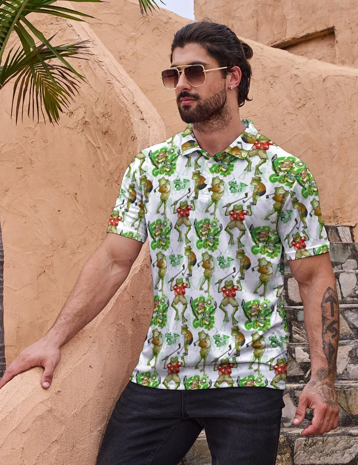 Mens Golf Polo Shirts - Hawaiian Print Golf Shirt for Men Quick-Dry Moisture Wicking Casual Breathable Polo Shirt