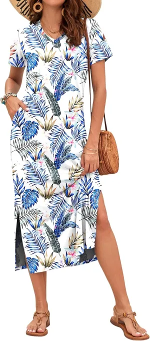 MISFAY Women Summer Midi Dresses Casual Loose Short Sleeve Dress Split Maxi Beach Sundress Travel Vacation Dress with Pockets