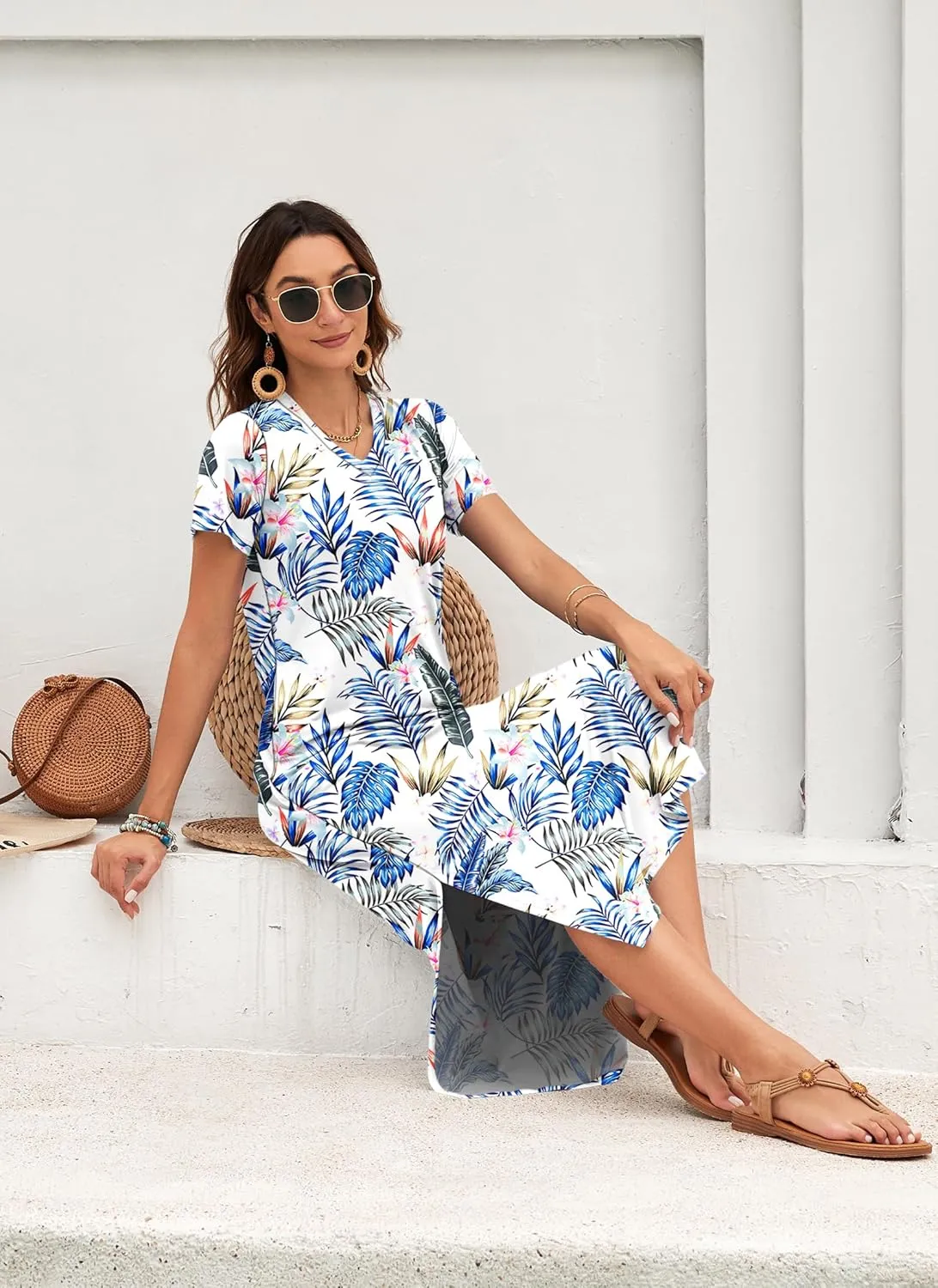 MISFAY Women Summer Midi Dresses Casual Loose Short Sleeve Dress Split Maxi Beach Sundress Travel Vacation Dress with Pockets