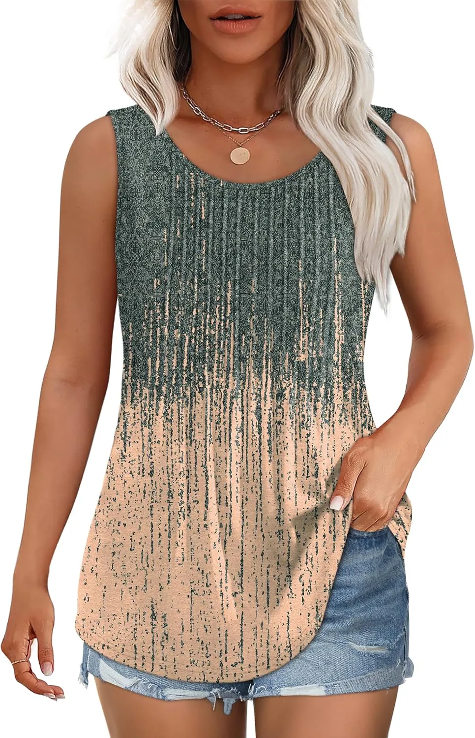 OFEEFAN Womens Tank Tops Loose Fit Dressy Casual Sleeveless Blouses Summer Outfits Round Neck Pleated Front Curved Hem