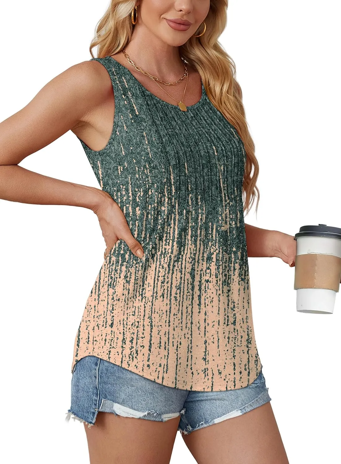 OFEEFAN Womens Tank Tops Loose Fit Dressy Casual Sleeveless Blouses Summer Outfits Round Neck Pleated Front Curved Hem