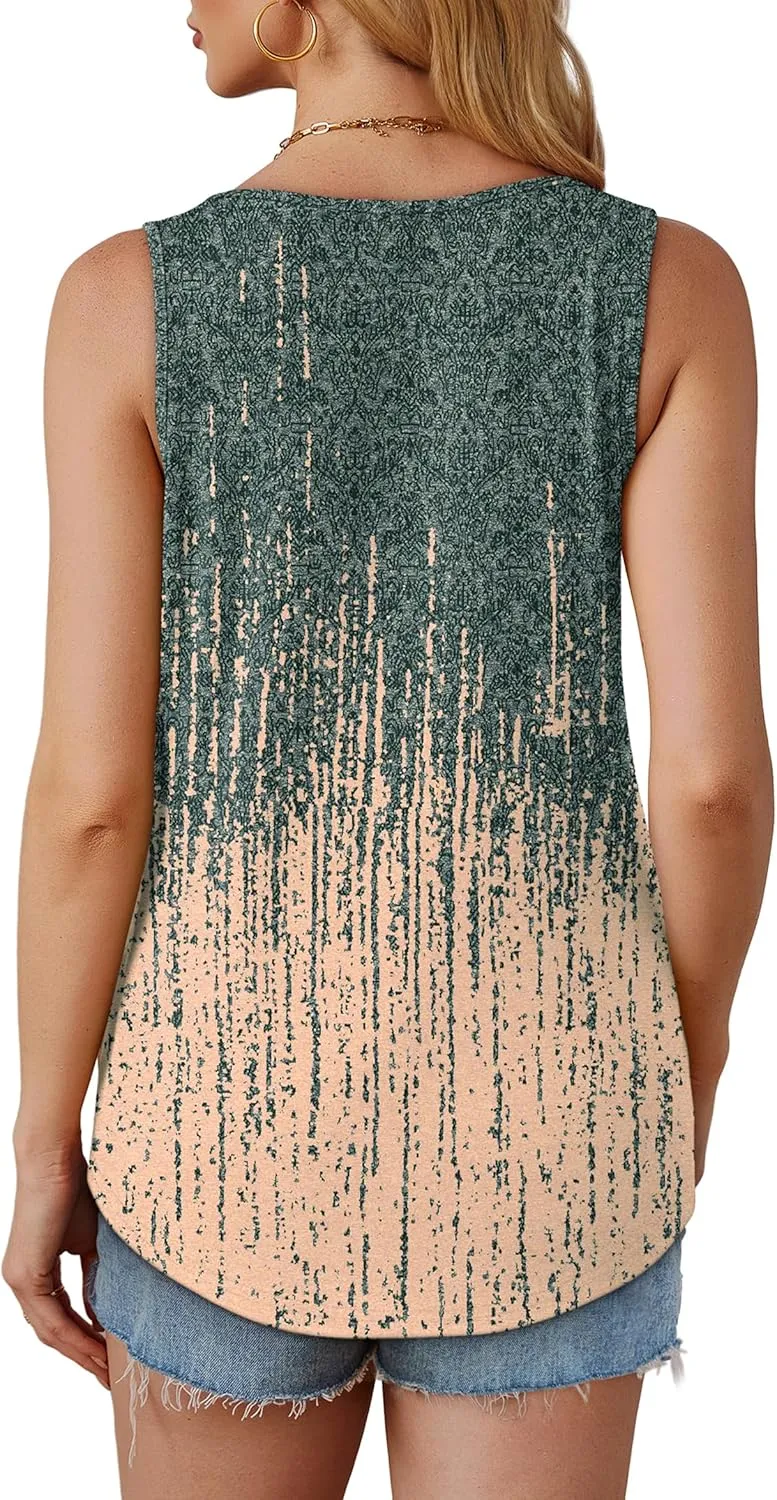OFEEFAN Womens Tank Tops Loose Fit Dressy Casual Sleeveless Blouses Summer Outfits Round Neck Pleated Front Curved Hem