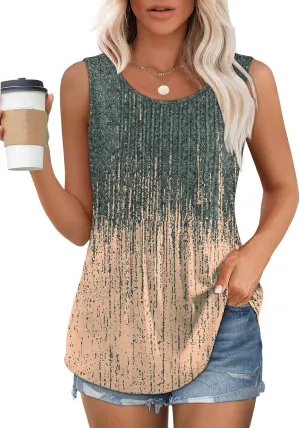 OFEEFAN Womens Tank Tops Loose Fit Dressy Casual Sleeveless Blouses Summer Outfits Round Neck Pleated Front Curved Hem