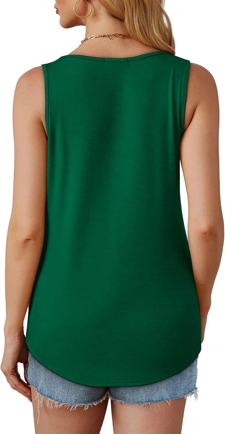 OFEEFAN Womens Tank Tops Loose Fit Dressy Casual Sleeveless Blouses Summer Outfits Round Neck Pleated Front Curved Hem