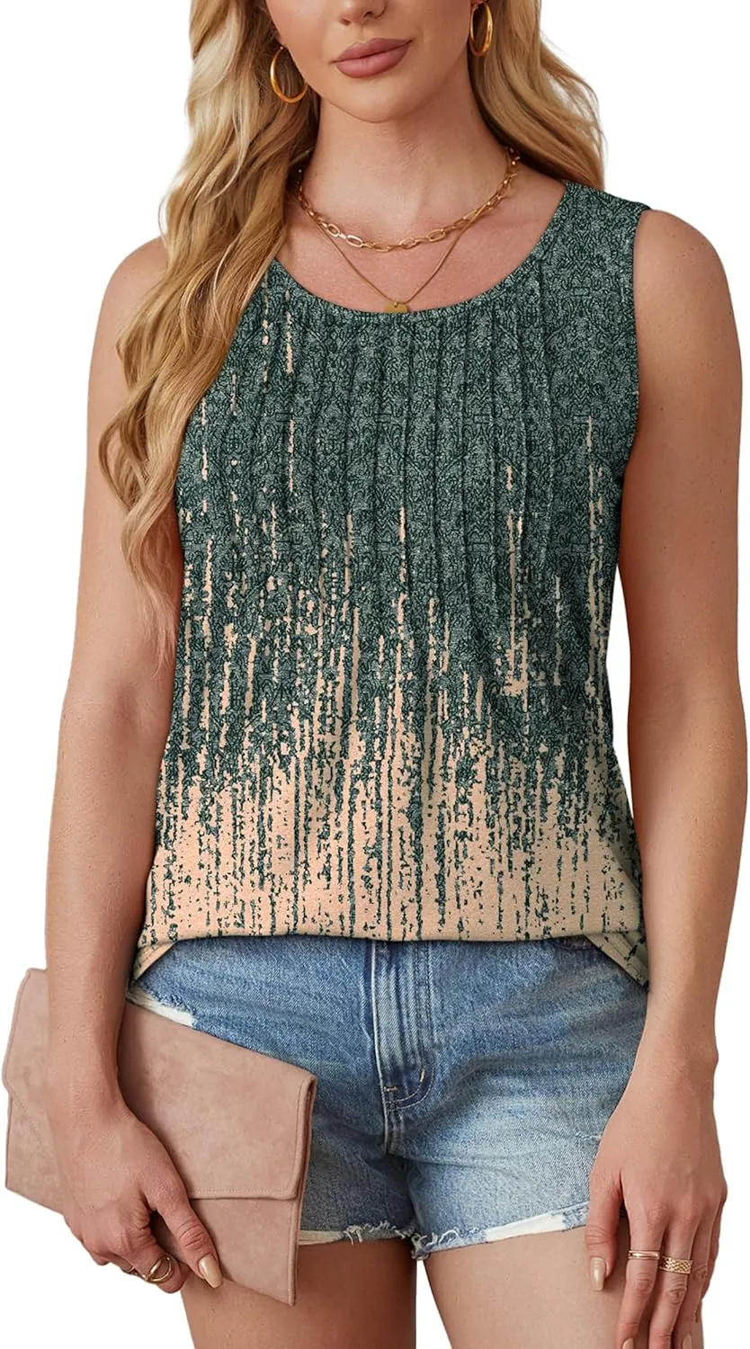 OFEEFAN Womens Tank Tops Loose Fit Dressy Casual Sleeveless Blouses Summer Outfits Round Neck Pleated Front Curved Hem