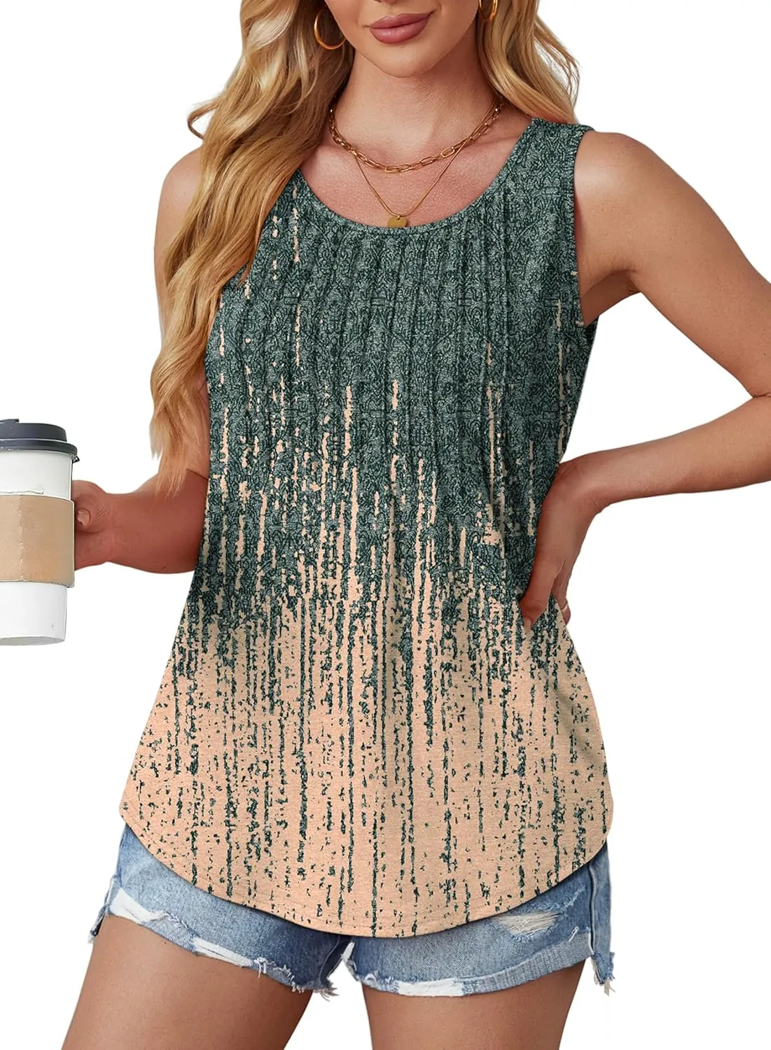 OFEEFAN Womens Tank Tops Loose Fit Dressy Casual Sleeveless Blouses Summer Outfits Round Neck Pleated Front Curved Hem