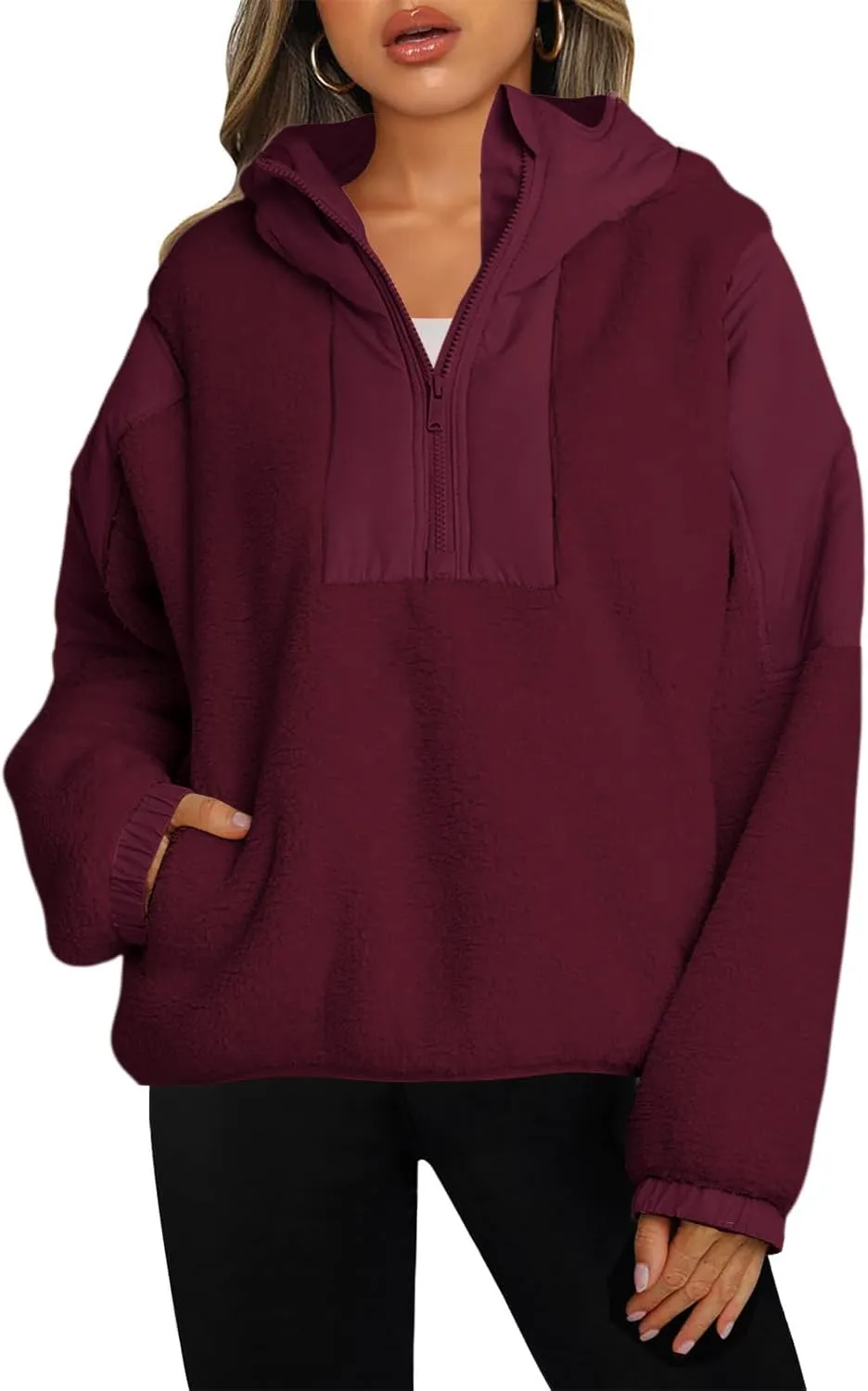 Panadila Womens Half Zip Pullover with Pockets Sherpa Hoodie Oversized Hooded Sweatshirt Warm Fleece Jackets