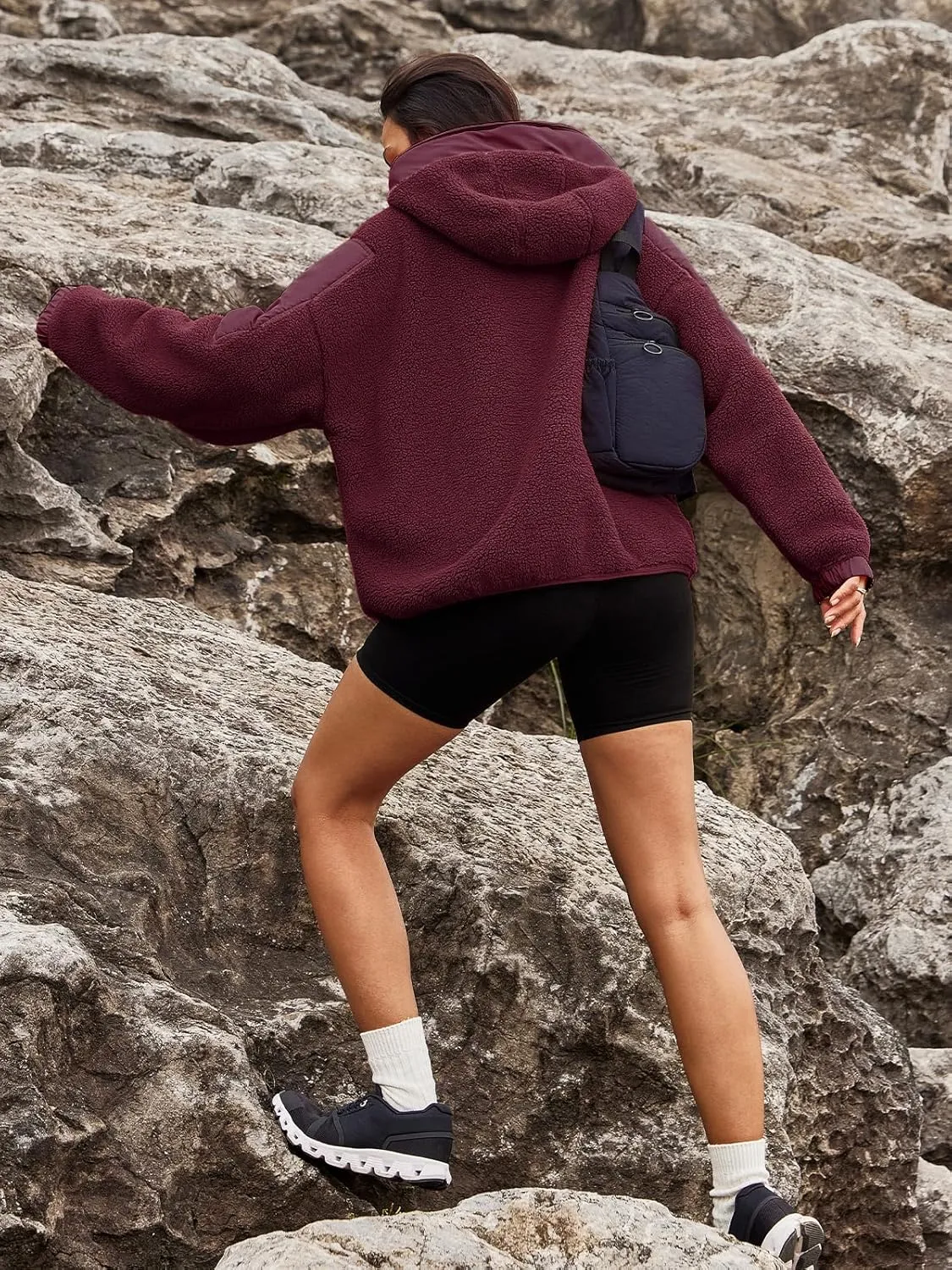 Panadila Womens Half Zip Pullover with Pockets Sherpa Hoodie Oversized Hooded Sweatshirt Warm Fleece Jackets