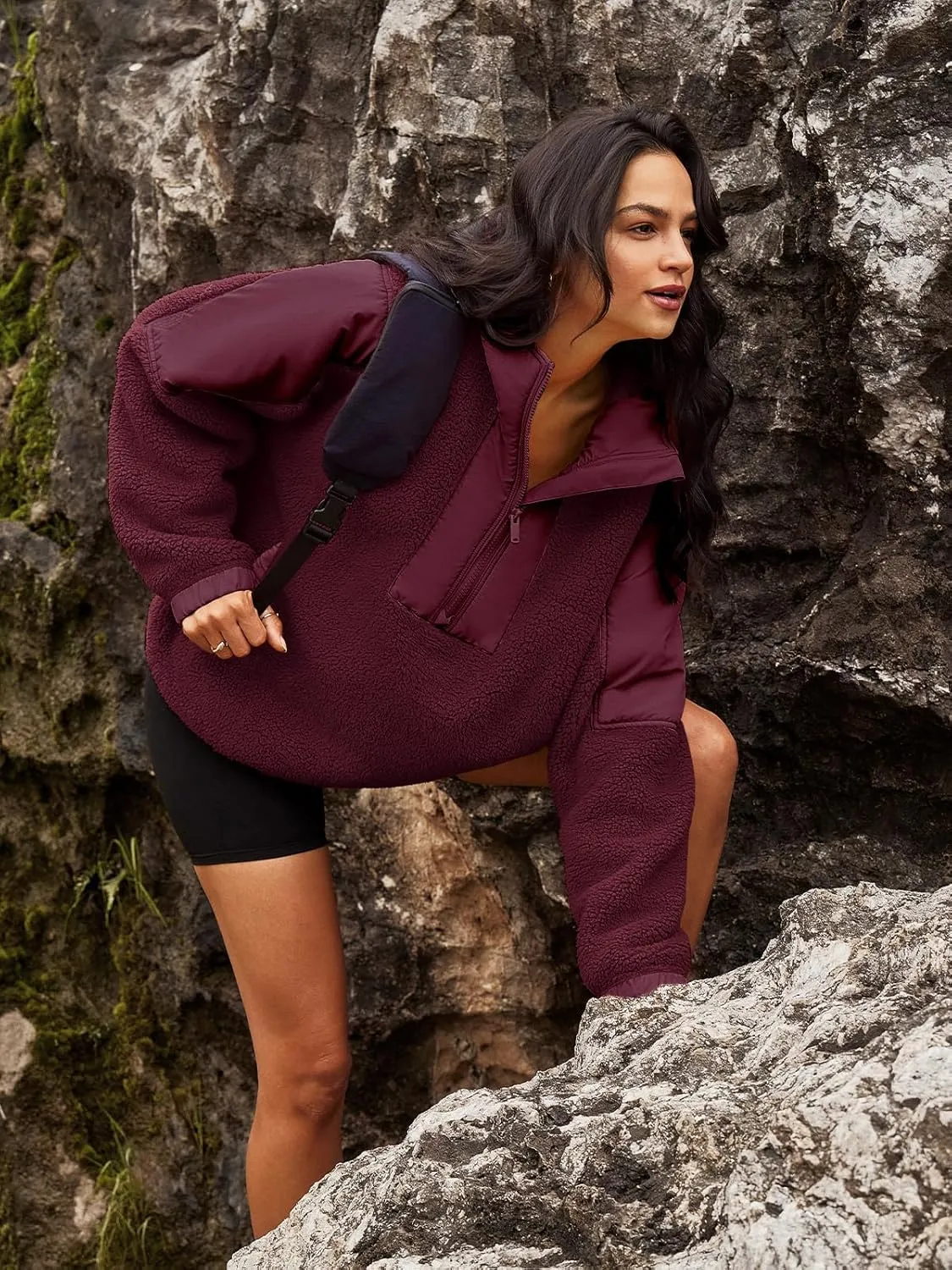 Panadila Womens Half Zip Pullover with Pockets Sherpa Hoodie Oversized Hooded Sweatshirt Warm Fleece Jackets