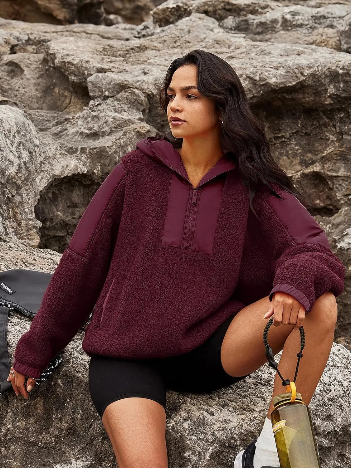 Panadila Womens Half Zip Pullover with Pockets Sherpa Hoodie Oversized Hooded Sweatshirt Warm Fleece Jackets