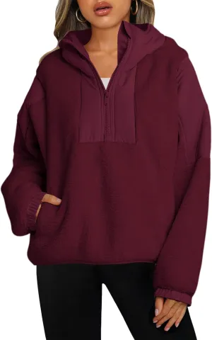 Panadila Womens Half Zip Pullover with Pockets Sherpa Hoodie Oversized Hooded Sweatshirt Warm Fleece Jackets