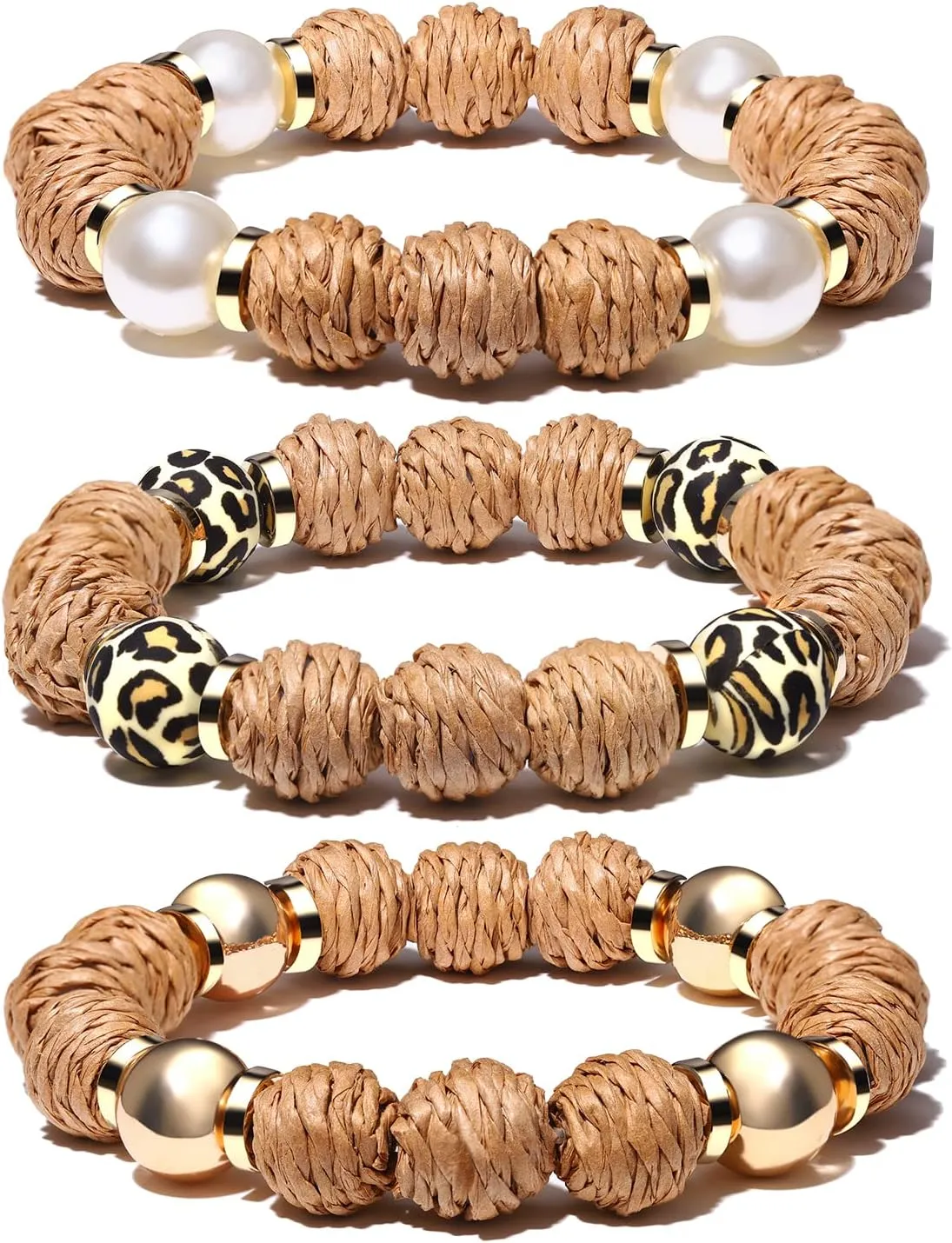 Rattan Bracelets for Women Handmade Woven Rattan Ball Beaded Stretch Bracelets Stackable Boho Bangle Bracelets Summer Beach Jewelry