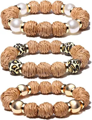 Rattan Bracelets for Women Handmade Woven Rattan Ball Beaded Stretch Bracelets Stackable Boho Bangle Bracelets Summer Beach Jewelry