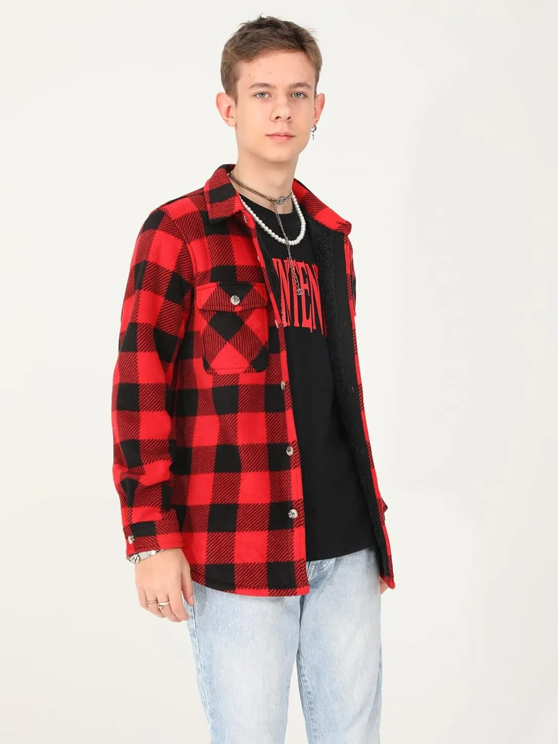 ThCreasa Boys Warm Sherpa Lined Buffalo Plaid Fleece Button Down Shirt Jacket