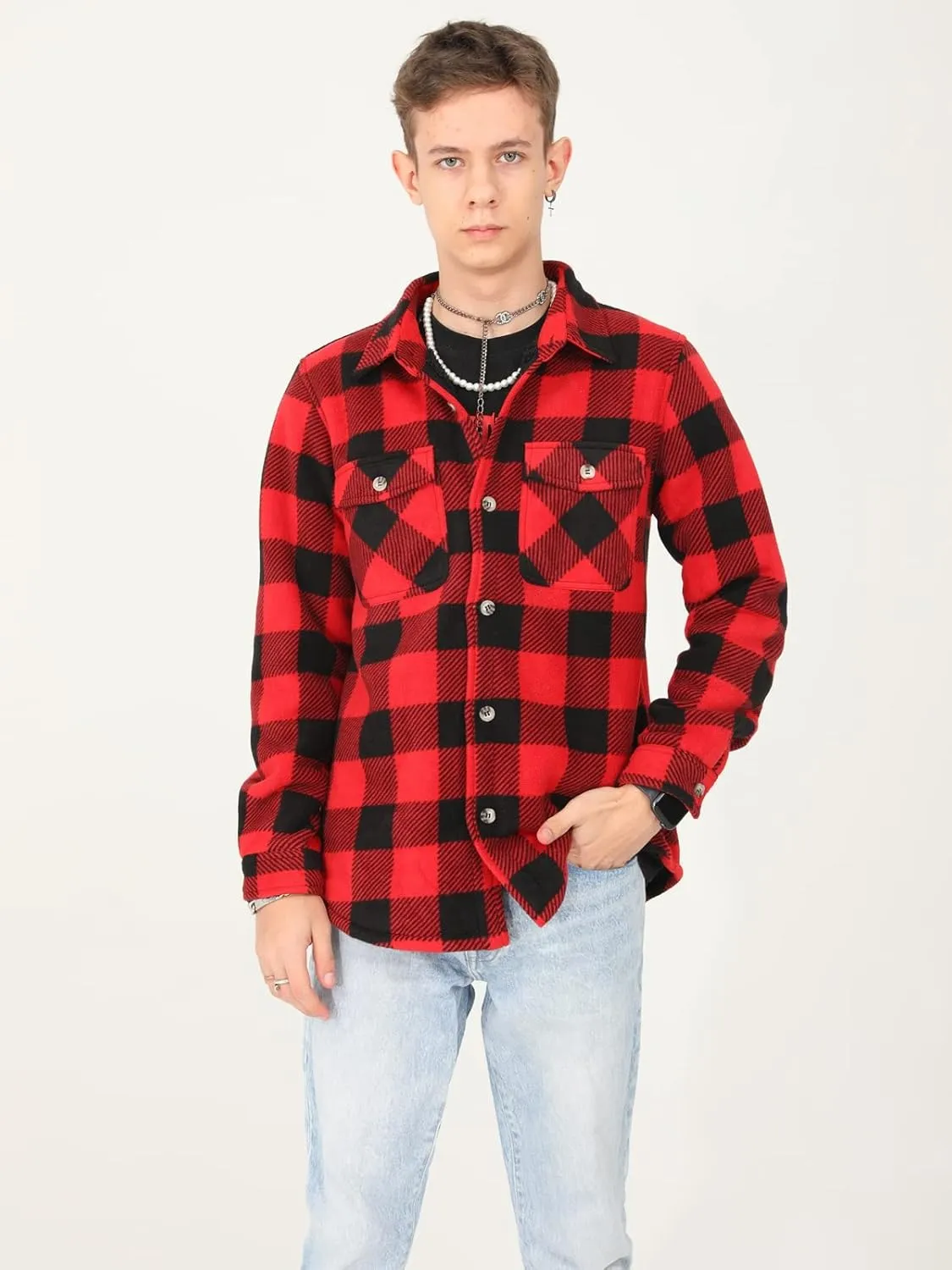 ThCreasa Boys Warm Sherpa Lined Buffalo Plaid Fleece Button Down Shirt Jacket