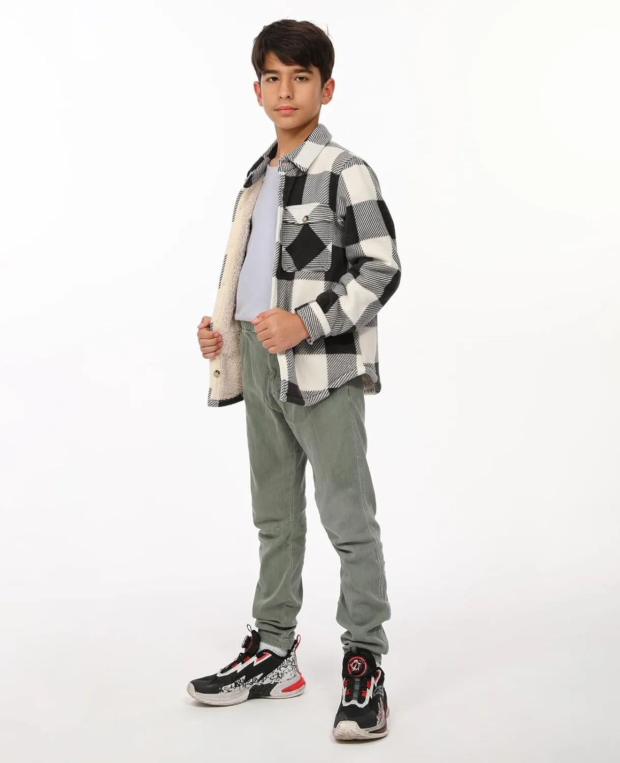 ThCreasa Boys Warm Sherpa Lined Buffalo Plaid Fleece Button Down Shirt Jacket