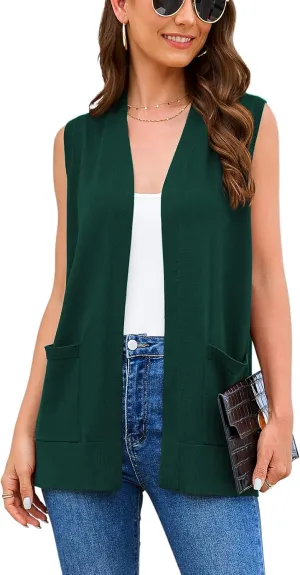 Women's 2025 Sleeveless Cardigan Sweaters Fashion Casual Soft Knit Office Duster Vests with Cozy Pockets (S-3XL)