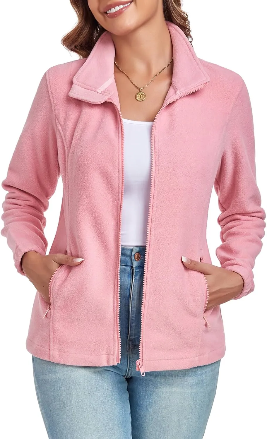 Women's Full Zip up Fleece Jackets Stand Collar Long Sleeve Sherpa Fuzzy Warm Jacket with Pocket