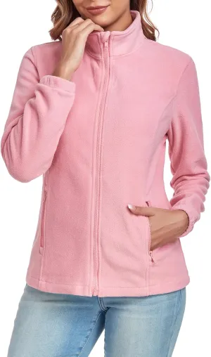 Women's Full Zip up Fleece Jackets Stand Collar Long Sleeve Sherpa Fuzzy Warm Jacket with Pocket