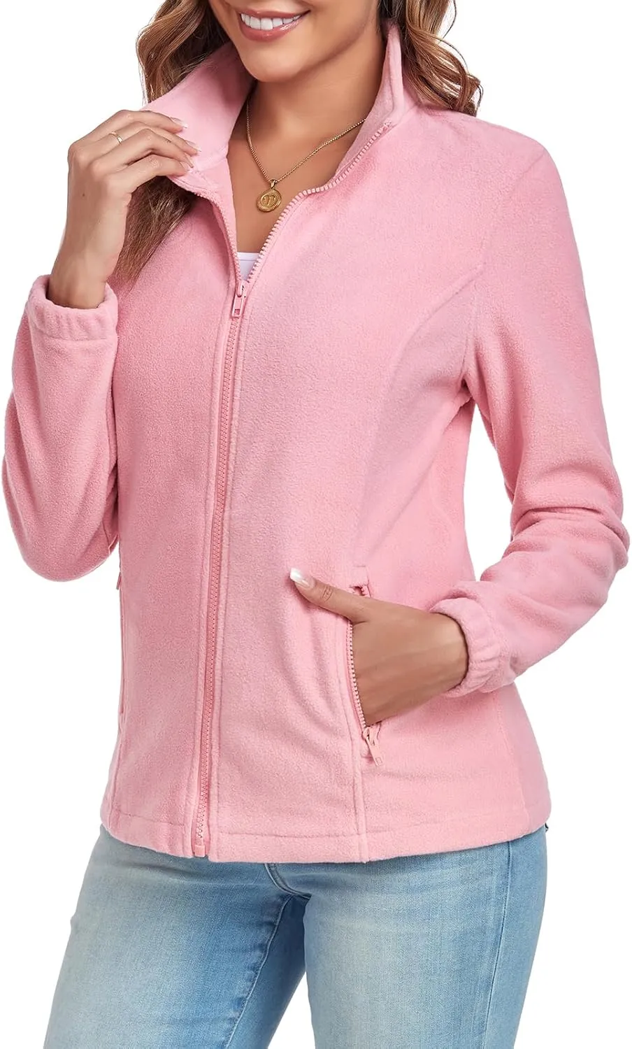 Women's Full Zip up Fleece Jackets Stand Collar Long Sleeve Sherpa Fuzzy Warm Jacket with Pocket