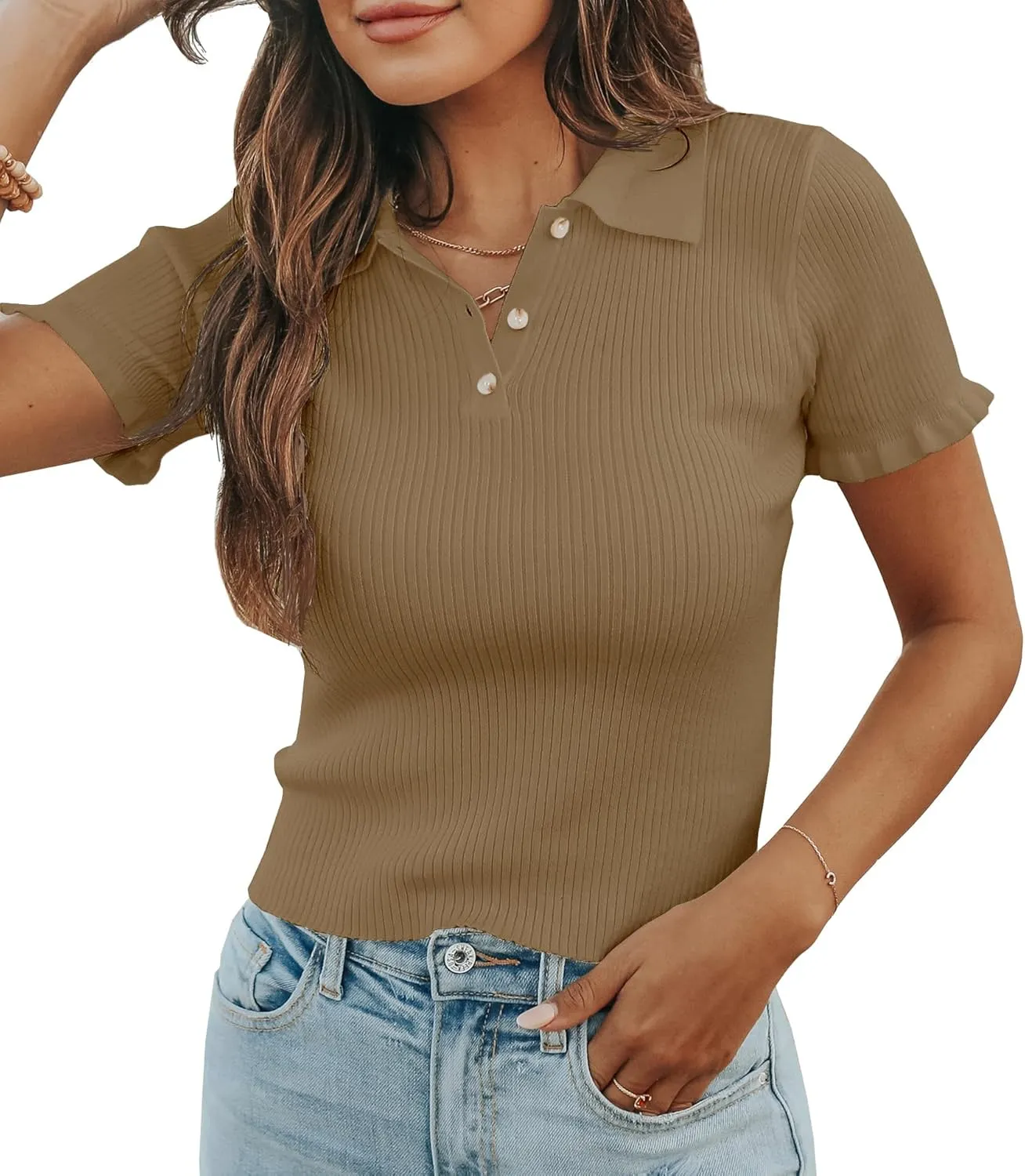 Womens Short Sleeve Sweater Tops V Neck Button Collared Ribbed Knit Pullover Shirt Slim Cropped Fall Blouse Tee