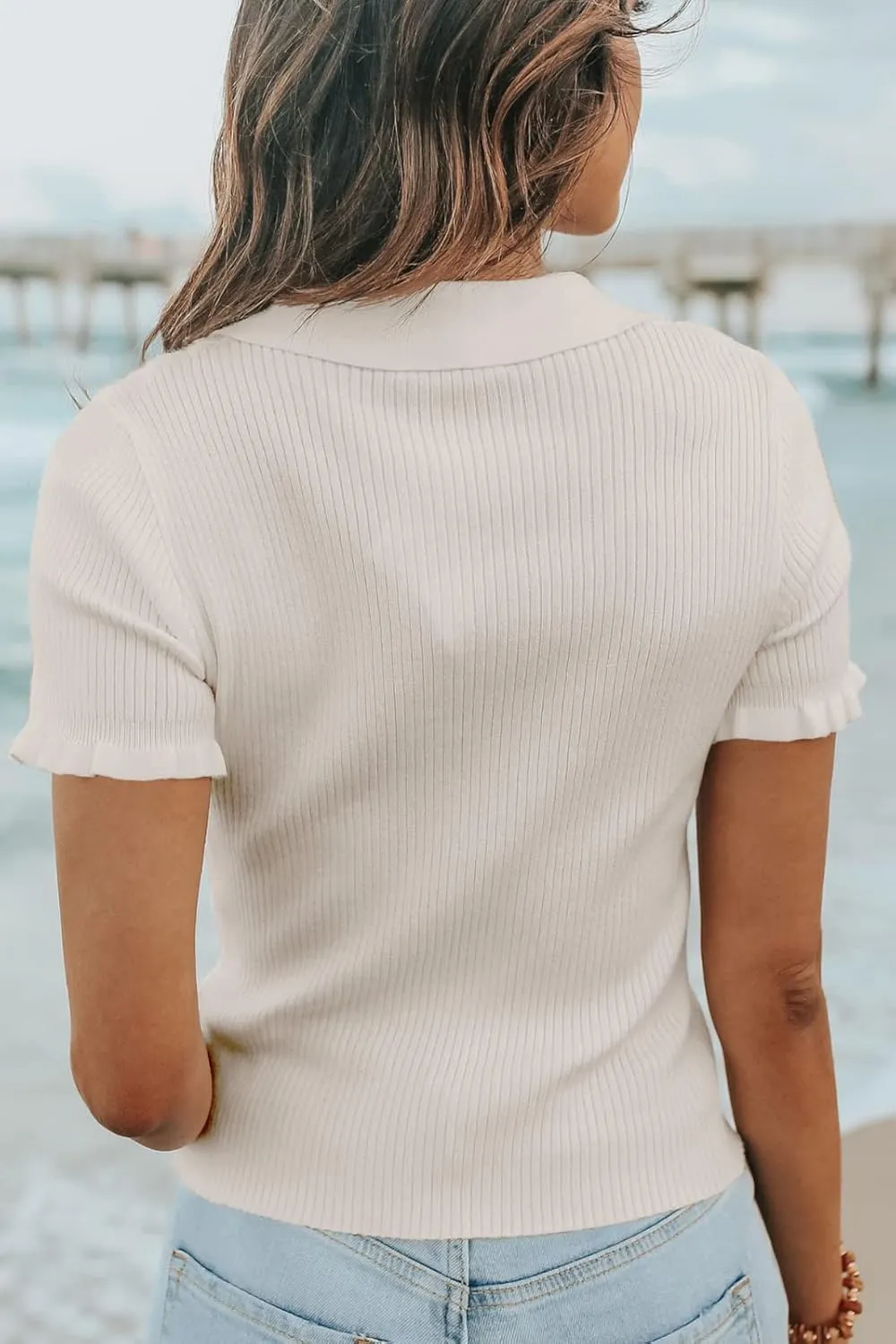 Womens Short Sleeve Sweater Tops V Neck Button Collared Ribbed Knit Pullover Shirt Slim Cropped Fall Blouse Tee