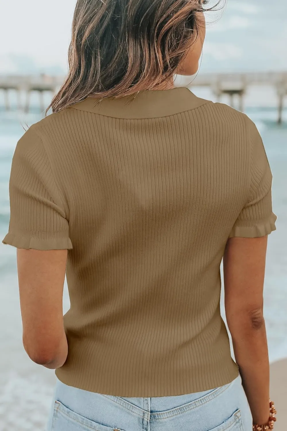 Womens Short Sleeve Sweater Tops V Neck Button Collared Ribbed Knit Pullover Shirt Slim Cropped Fall Blouse Tee