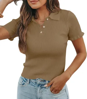 Womens Short Sleeve Sweater Tops V Neck Button Collared Ribbed Knit Pullover Shirt Slim Cropped Fall Blouse Tee