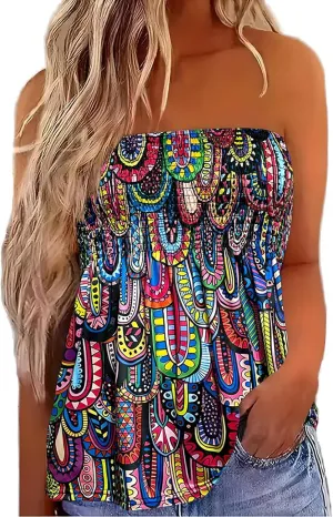 Womens Strapless Smocked Tube Top Soft Stretchy Pleated Bandeau Tank Sexy Sleeveless Loose Summer Camis Tunic Tops