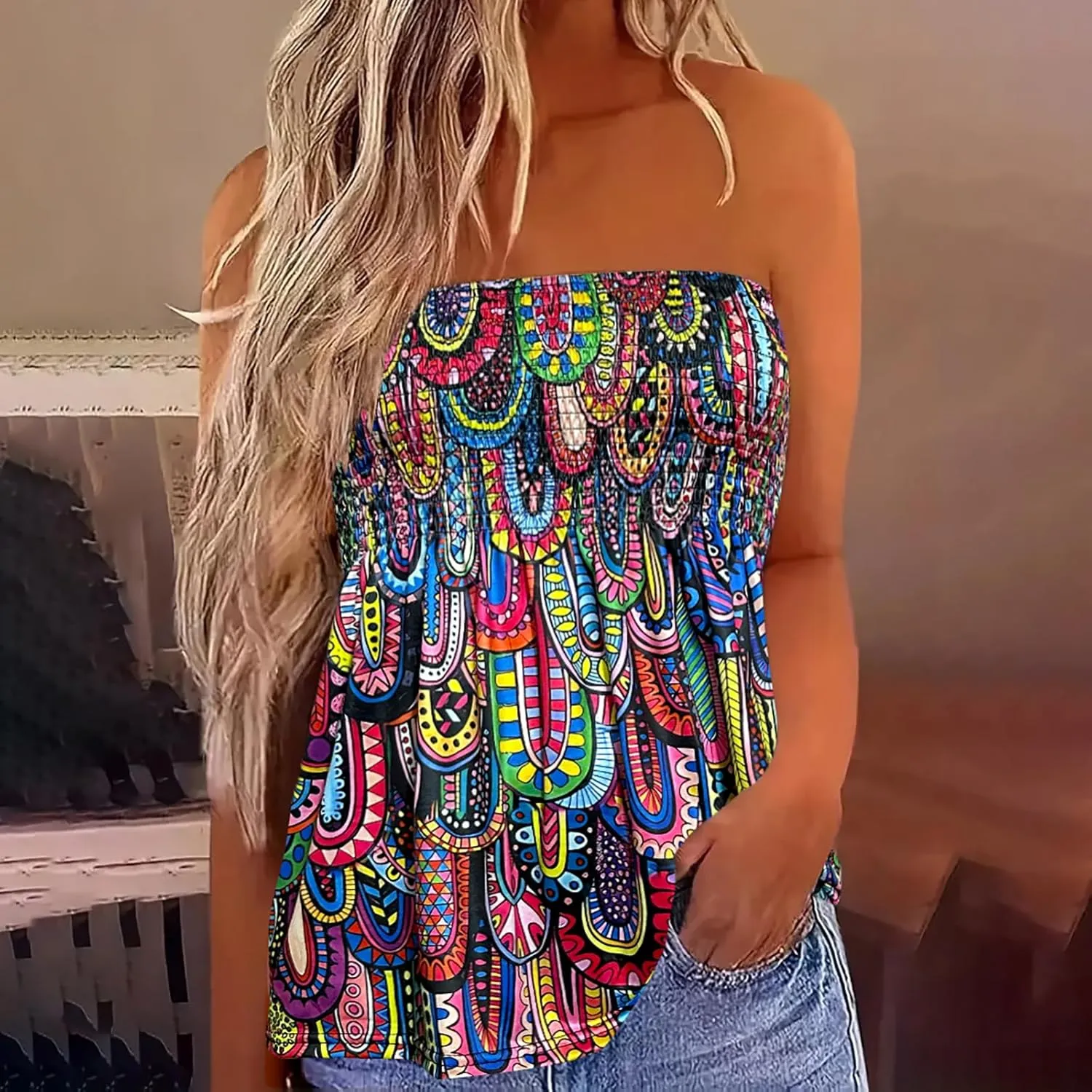 Womens Strapless Smocked Tube Top Soft Stretchy Pleated Bandeau Tank Sexy Sleeveless Loose Summer Camis Tunic Tops