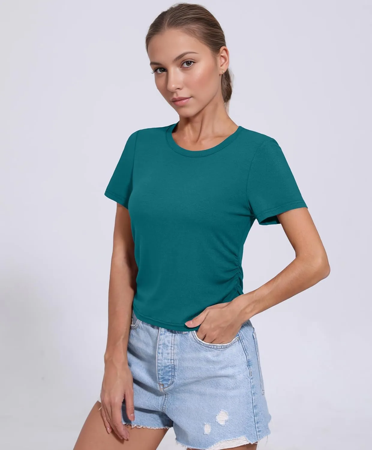 Women's Summer Short Sleeve Tops Crewneck Ruched Stretch Slim Fit Crop Basic T-Shirt Casual Going Out